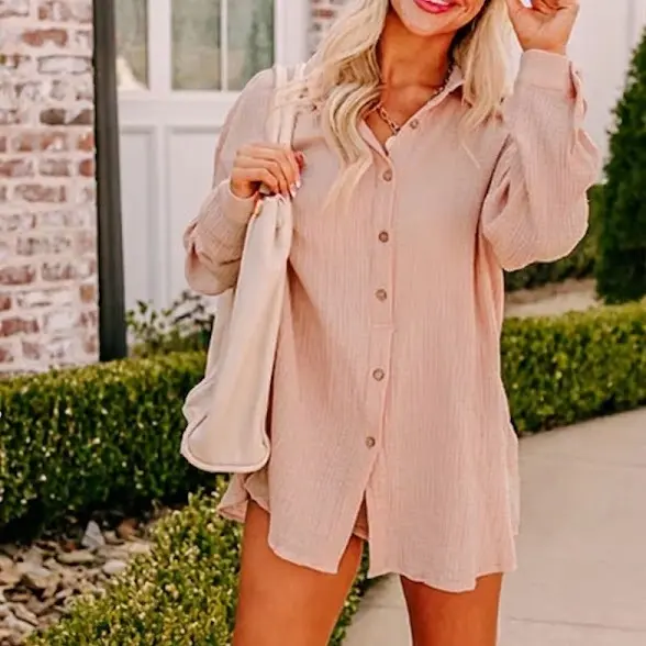 ⏳LAST DAY SALE 🔥Womens Gauze Shirt & Shorts Set 2-in-1 Button Connected Oversized Long Sleeve Button-Down Top