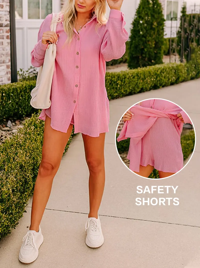 ⏳LAST DAY SALE 🔥Womens Gauze Shirt & Shorts Set 2-in-1 Button Connected Oversized Long Sleeve Button-Down Top