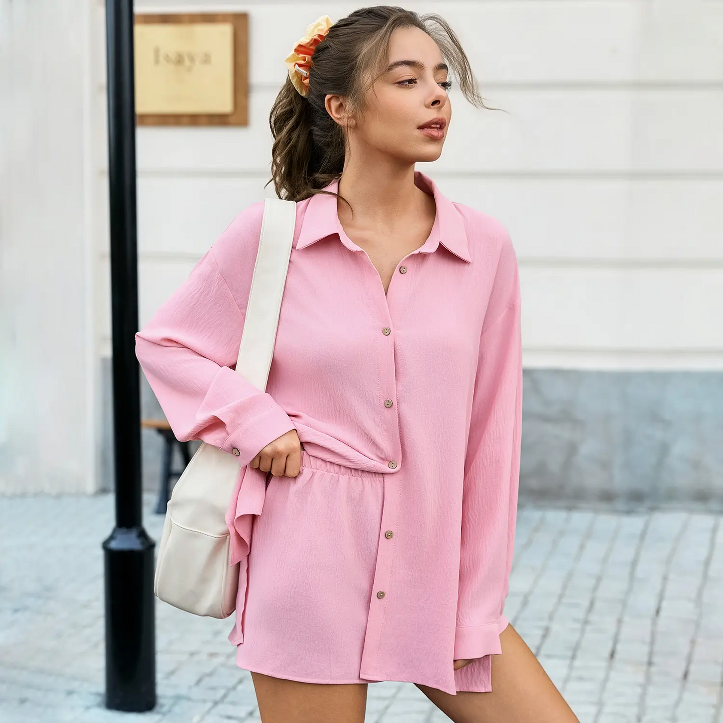 ⏳LAST DAY SALE 🔥Womens Gauze Shirt & Shorts Set 2-in-1 Button Connected Oversized Long Sleeve Button-Down Top