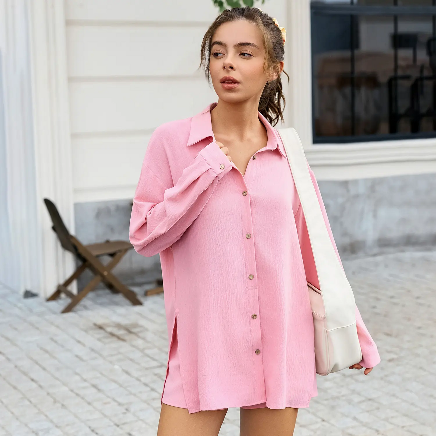 ⏳LAST DAY SALE 🔥Womens Gauze Shirt & Shorts Set 2-in-1 Button Connected Oversized Long Sleeve Button-Down Top