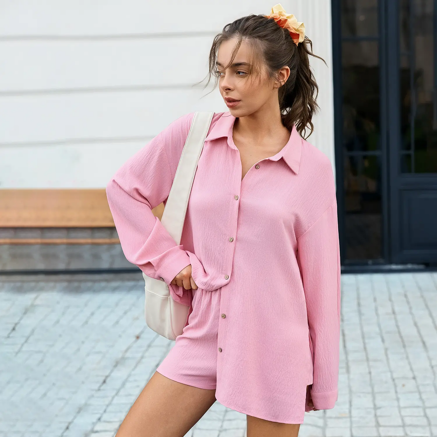 ⏳LAST DAY SALE 🔥Womens Gauze Shirt & Shorts Set 2-in-1 Button Connected Oversized Long Sleeve Button-Down Top