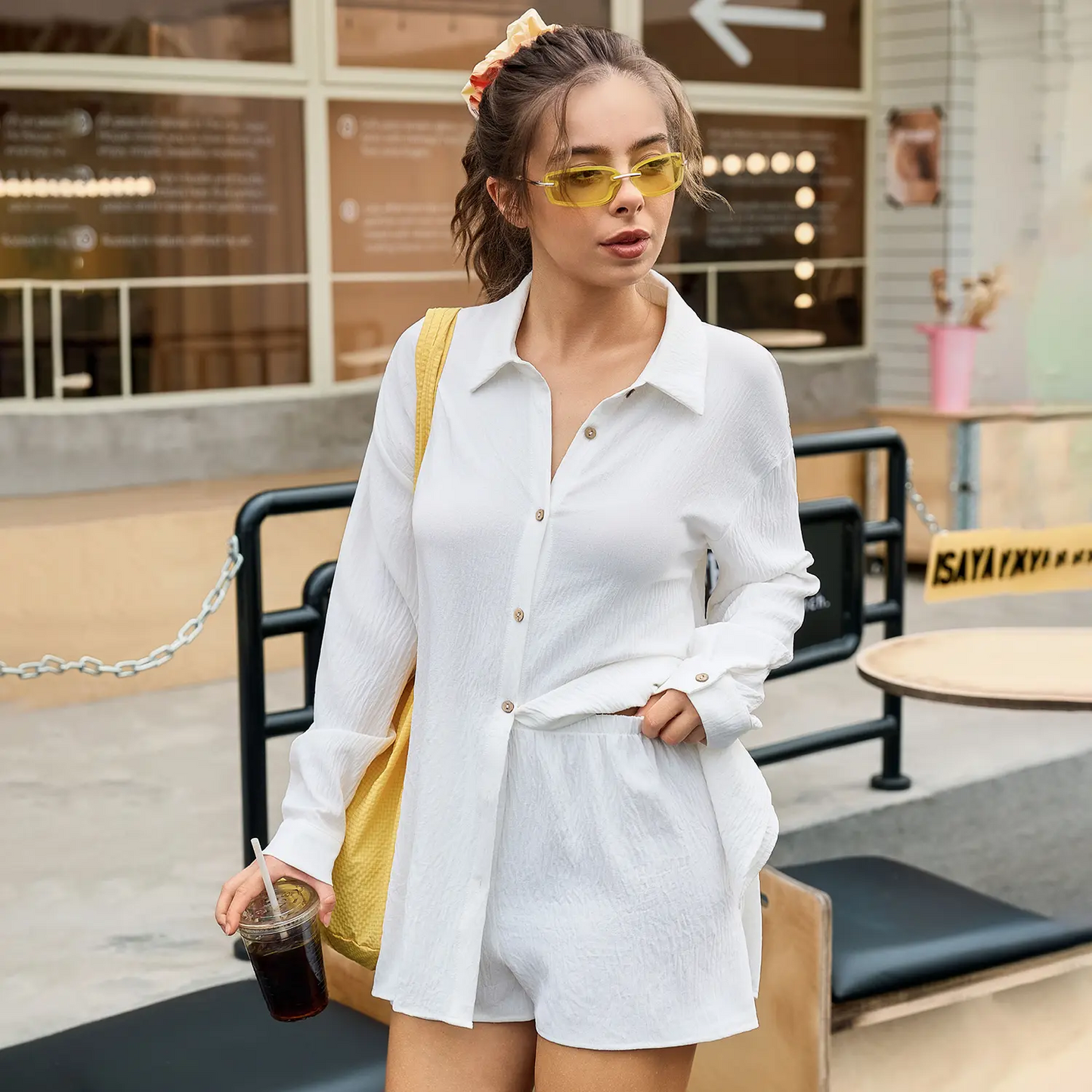 ⏳LAST DAY SALE 🔥Womens Gauze Shirt & Shorts Set 2-in-1 Button Connected Oversized Long Sleeve Button-Down Top