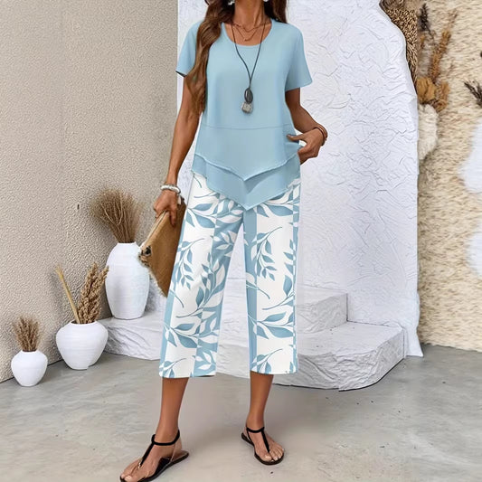 💥Last Day Special Price:£ 17.99👗Women's 2-Piece Set – Layered Asymmetrical Tunic Top & Printed Wide Leg Pants, Breathable Polyester✨