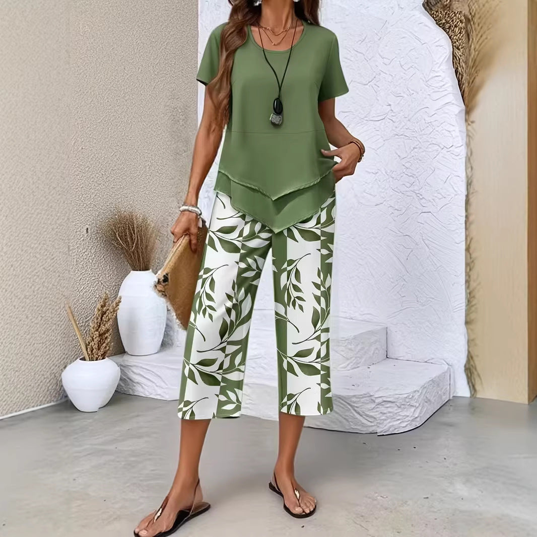 💥Last Day Special Price:£ 17.99👗Women's 2-Piece Set – Layered Asymmetrical Tunic Top & Printed Wide Leg Pants, Breathable Polyester✨