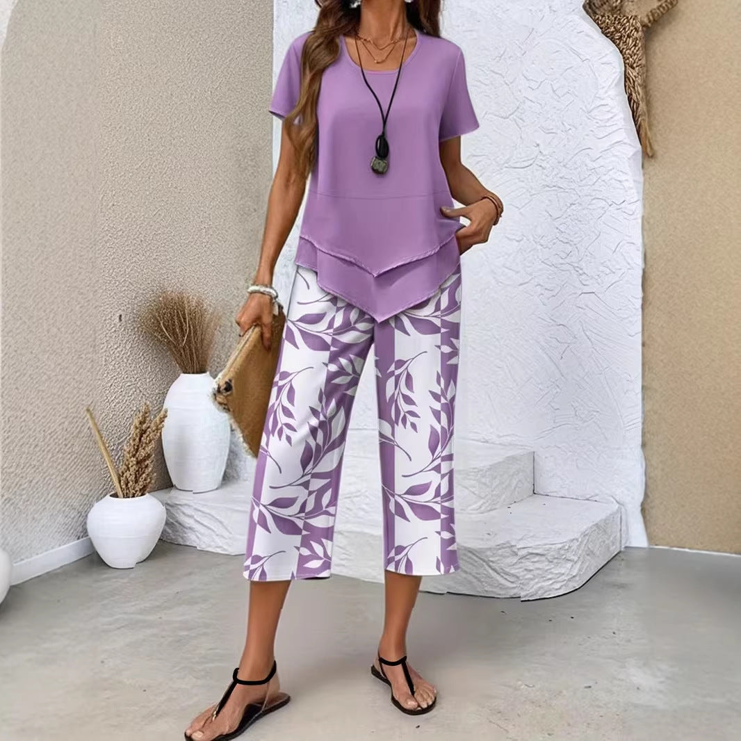 💥Last Day Special Price:£ 17.99👗Women's 2-Piece Set – Layered Asymmetrical Tunic Top & Printed Wide Leg Pants, Breathable Polyester✨