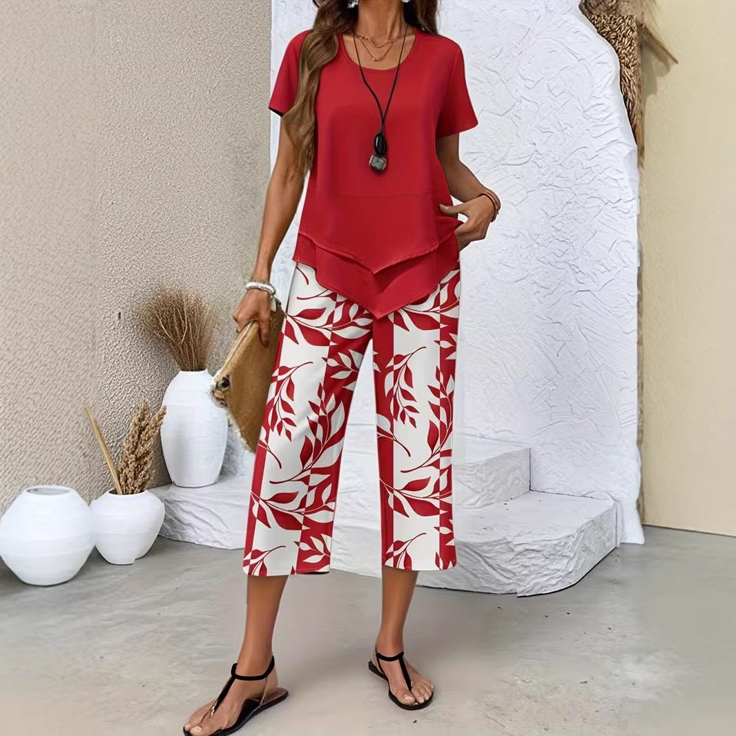 💥Last Day Special Price:£ 17.99👗Women's 2-Piece Set – Layered Asymmetrical Tunic Top & Printed Wide Leg Pants, Breathable Polyester✨