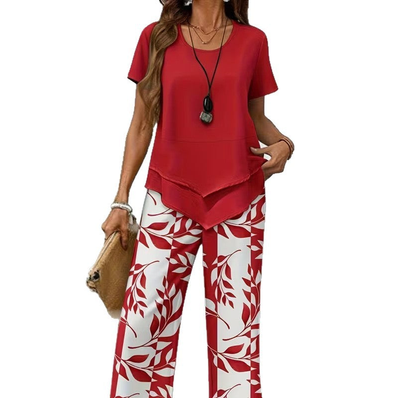 💥Last Day Special Price:£ 17.99👗Women's 2-Piece Set – Layered Asymmetrical Tunic Top & Printed Wide Leg Pants, Breathable Polyester✨