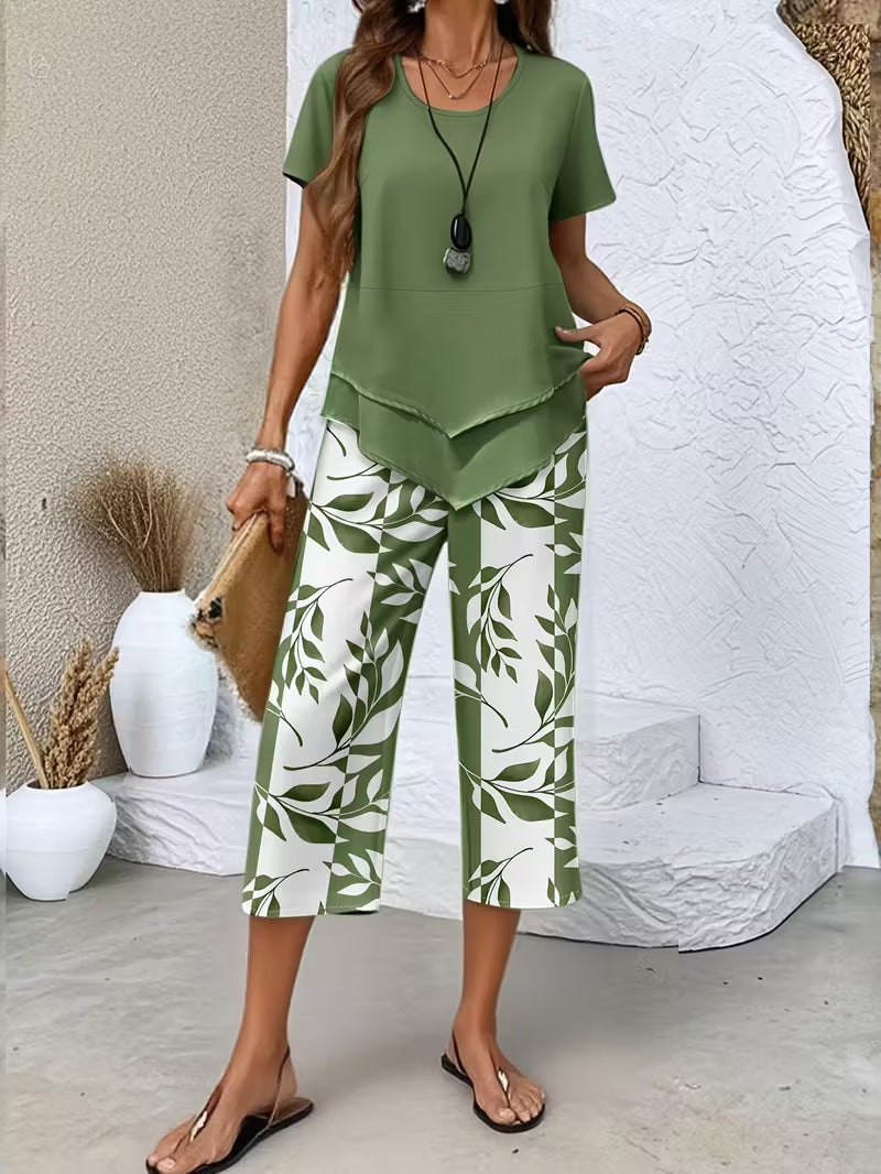 💥Last Day Special Price:£ 17.99👗Women's 2-Piece Set – Layered Asymmetrical Tunic Top & Printed Wide Leg Pants, Breathable Polyester✨