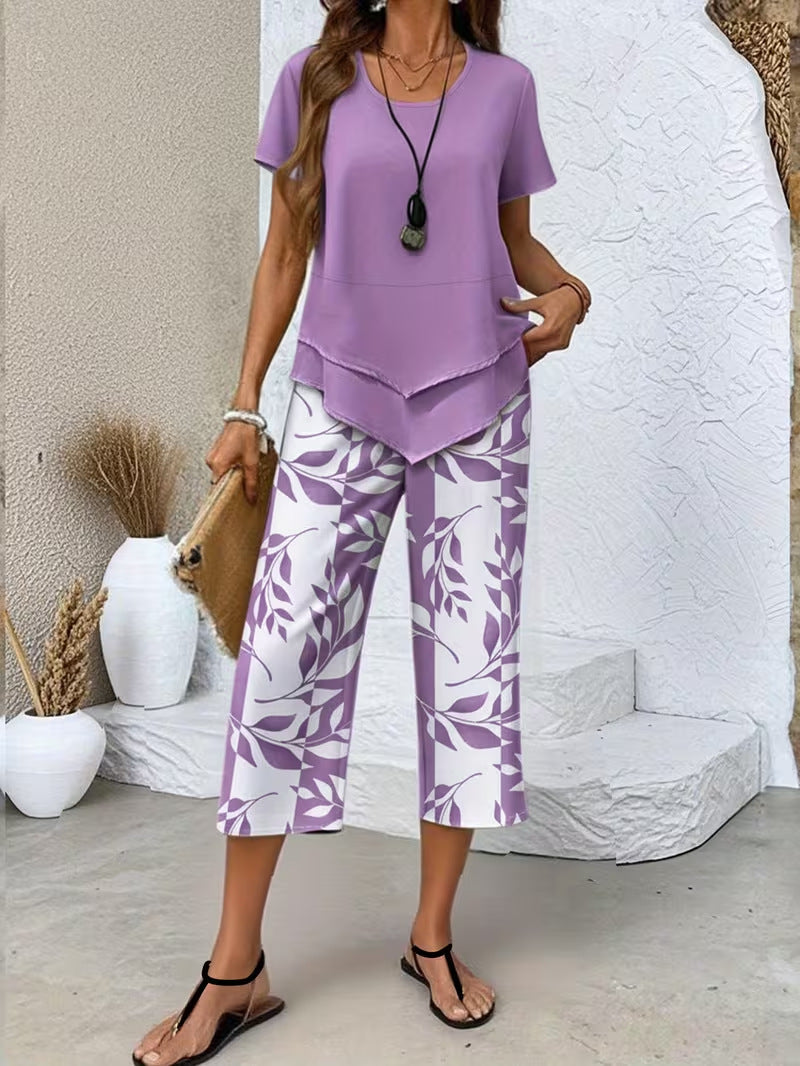 💥Last Day Special Price:£ 17.99👗Women's 2-Piece Set – Layered Asymmetrical Tunic Top & Printed Wide Leg Pants, Breathable Polyester✨
