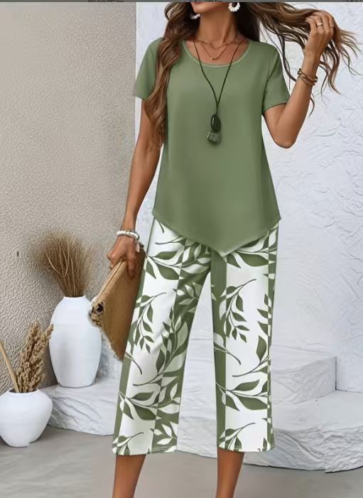 💥Last Day Special Price:£ 17.99👗Women's 2-Piece Set – Layered Asymmetrical Tunic Top & Printed Wide Leg Pants, Breathable Polyester✨