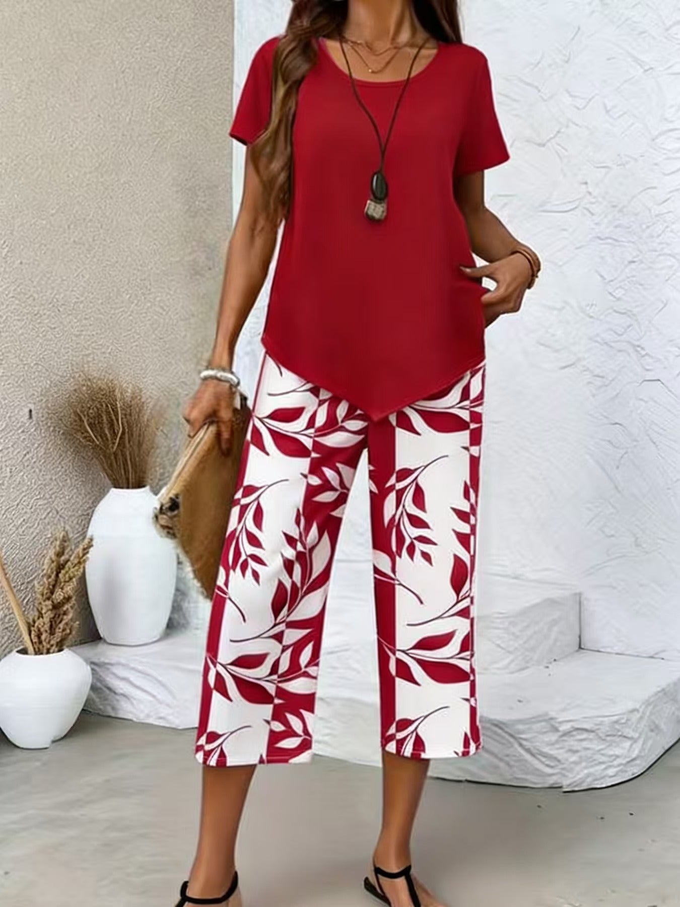 💥Last Day Special Price:£ 17.99👗Women's 2-Piece Set – Layered Asymmetrical Tunic Top & Printed Wide Leg Pants, Breathable Polyester✨