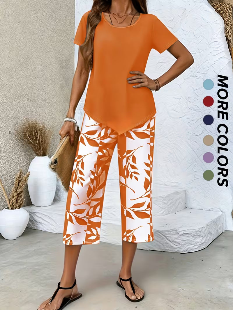 💥Last Day Special Price:£ 17.99👗Women's 2-Piece Set – Layered Asymmetrical Tunic Top & Printed Wide Leg Pants, Breathable Polyester✨