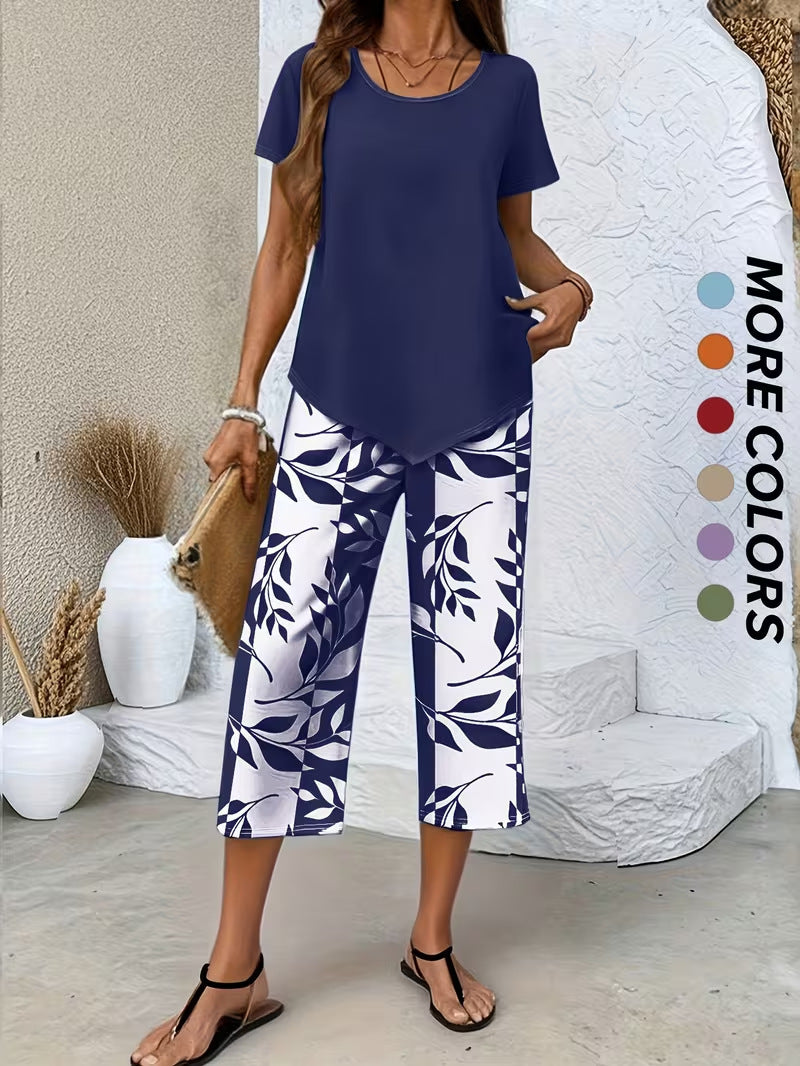 💥Last Day Special Price:£ 17.99👗Women's 2-Piece Set – Layered Asymmetrical Tunic Top & Printed Wide Leg Pants, Breathable Polyester✨
