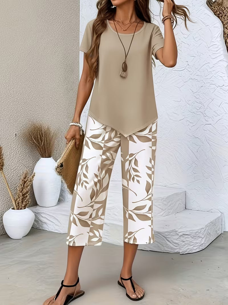 💥Last Day Special Price:£ 17.99👗Women's 2-Piece Set – Layered Asymmetrical Tunic Top & Printed Wide Leg Pants, Breathable Polyester✨