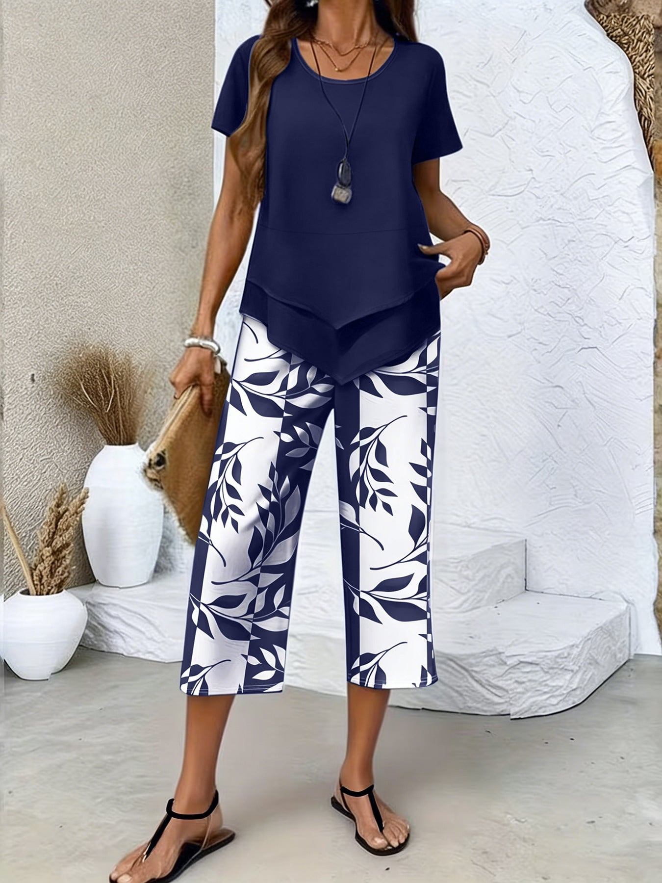 💥Last Day Special Price:£ 17.99👗Women's 2-Piece Set – Layered Asymmetrical Tunic Top & Printed Wide Leg Pants, Breathable Polyester✨