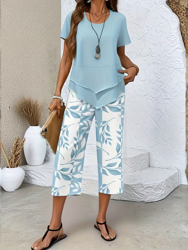 💥Last Day Special Price:£ 17.99👗Women's 2-Piece Set – Layered Asymmetrical Tunic Top & Printed Wide Leg Pants, Breathable Polyester✨