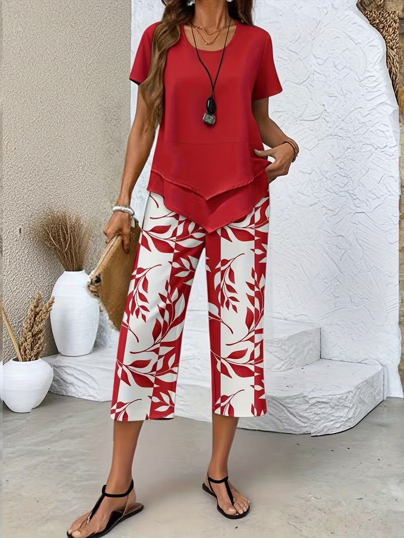 💥Last Day Special Price:£ 17.99👗Women's 2-Piece Set – Layered Asymmetrical Tunic Top & Printed Wide Leg Pants, Breathable Polyester✨