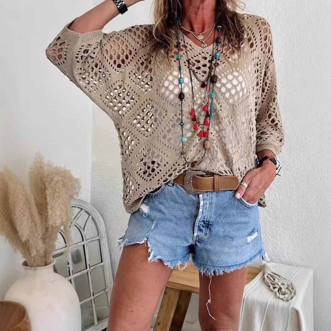 🥰Summer Sale-50% OFF💛Womens Bohemian-Inspired Beige Crochet Top With V-Neck