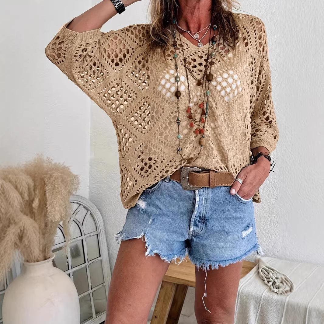 🥰Summer Sale-50% OFF💛Womens Bohemian-Inspired Beige Crochet Top With V-Neck