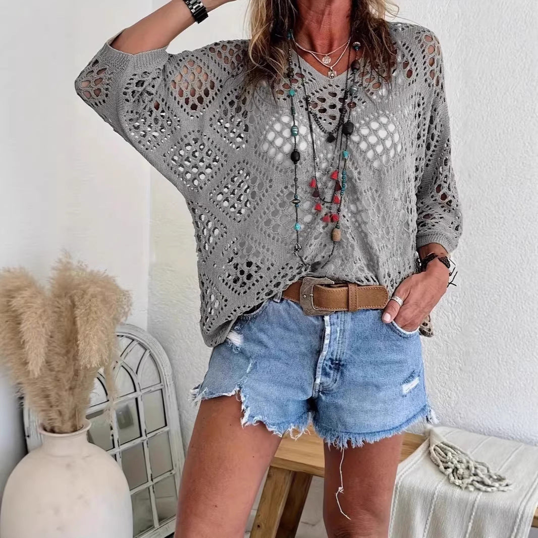 🥰Summer Sale-50% OFF💛Womens Bohemian-Inspired Beige Crochet Top With V-Neck