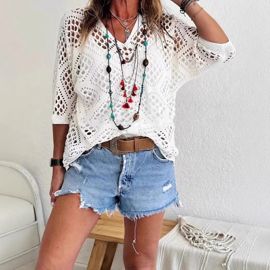 🥰Summer Sale-50% OFF💛Womens Bohemian-Inspired Beige Crochet Top With V-Neck