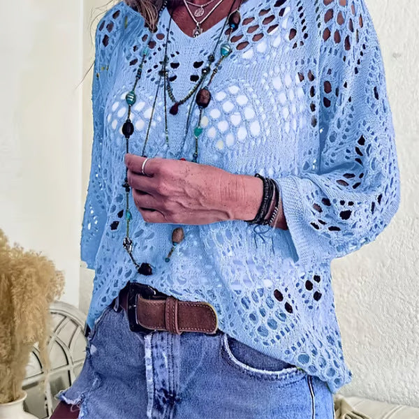 🥰Summer Sale-50% OFF💛Womens Bohemian-Inspired Beige Crochet Top With V-Neck