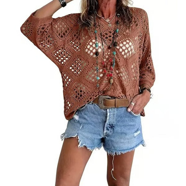 🥰Summer Sale-50% OFF💛Womens Bohemian-Inspired Beige Crochet Top With V-Neck