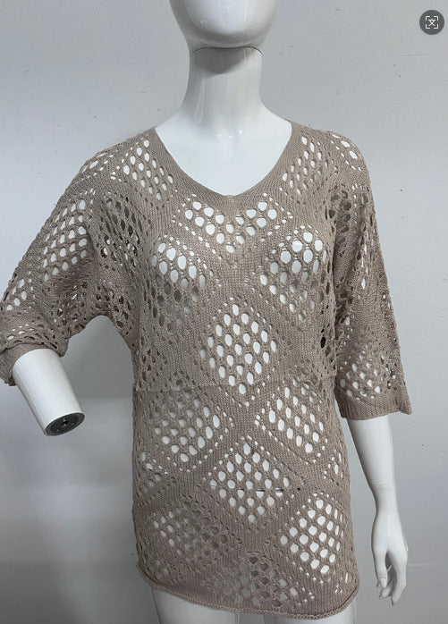 🥰Summer Sale-50% OFF💛Womens Bohemian-Inspired Beige Crochet Top With V-Neck