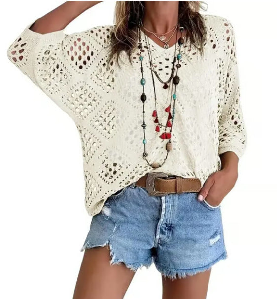 🥰Summer Sale-50% OFF💛Womens Bohemian-Inspired Beige Crochet Top With V-Neck