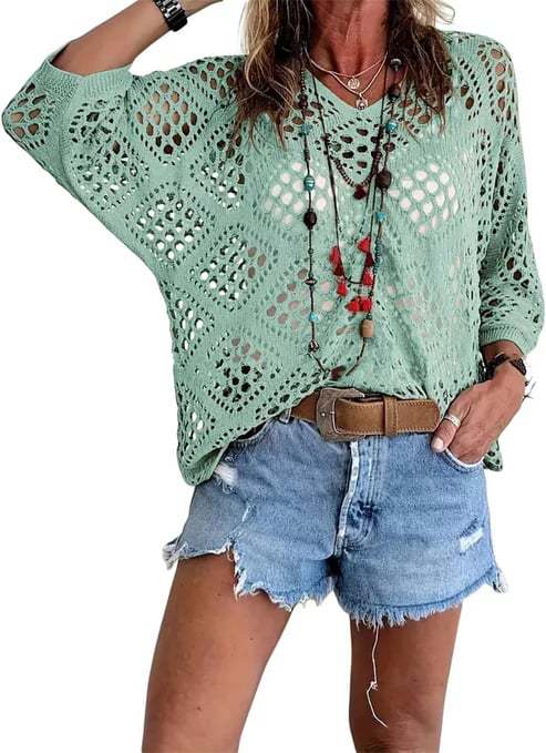 🥰Summer Sale-50% OFF💛Womens Bohemian-Inspired Beige Crochet Top With V-Neck