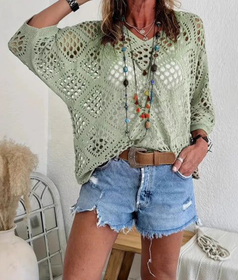 🥰Summer Sale-50% OFF💛Womens Bohemian-Inspired Beige Crochet Top With V-Neck