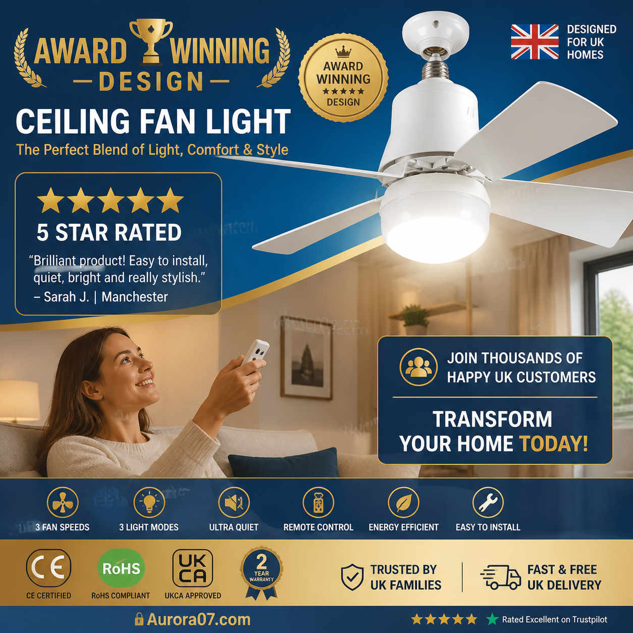🏆LAST DAY SALE 49% OFF🔥SmartBreez™ 40W LED Ceiling Fan Light – 20.5" Ultra-Quiet with Remote 🎯 | E27 + FREE B22 Adapter 🔌 | For Bedroom 😴, Kitchen 👩‍🍳 & Garage 🛠️ – UK Ready! 🇬🇧