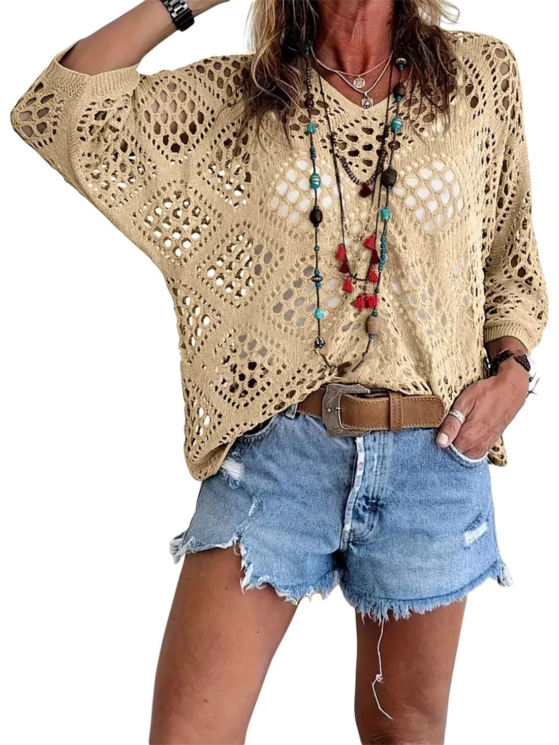 🔥💐SPRING DAY SALE - ONLY £14.99!!⚡50K+ SOLD!✨Womens Bohemian-Inspired Beige Crochet Top with V-Neck
