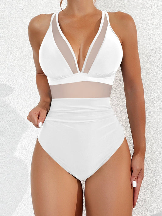 💥Last Day Special Sale 49% OFF💃 Women's Contrast Mesh Ruched One-piece Swimsuit