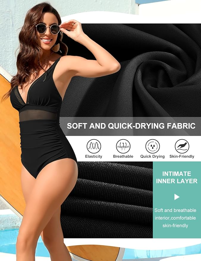 💥Last Day Special Sale 49% OFF💃 Women's Contrast Mesh Ruched One-piece Swimsuit