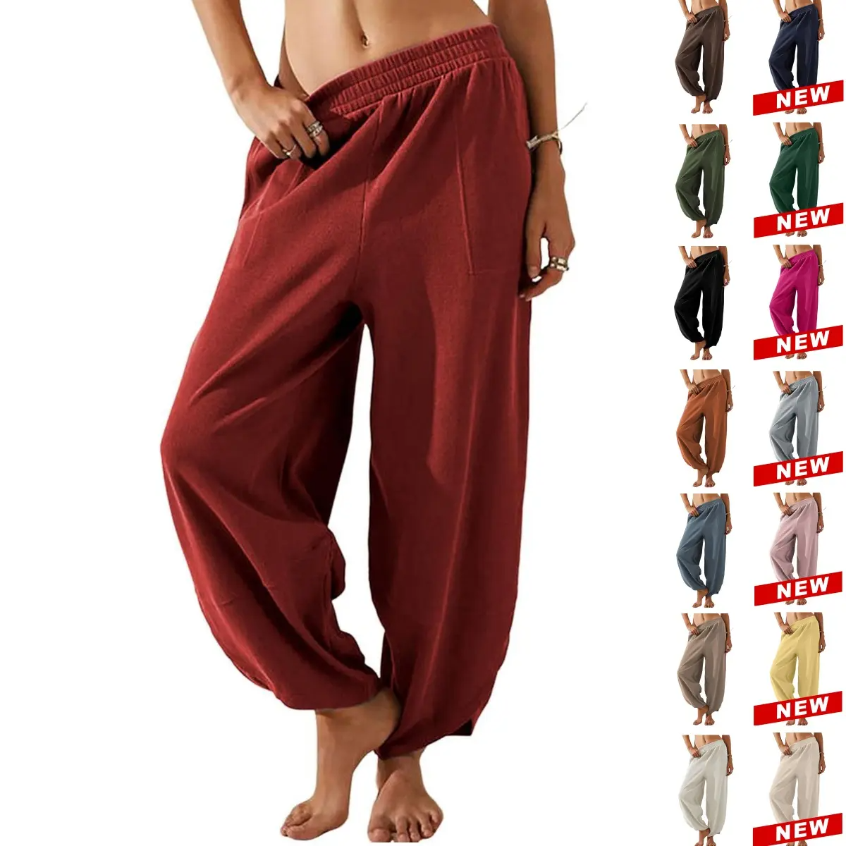 ⏳Time-Limited Special Price: ￡13.99!!⏰Womens Baggy Wide Leg Pants Casual Elastic Waisted Palazzo Harem Pants with Pockets