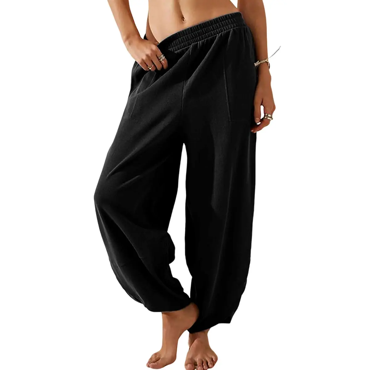 ⏳Time-Limited Special Price: ￡13.99!!⏰Womens Baggy Wide Leg Pants Casual Elastic Waisted Palazzo Harem Pants with Pockets