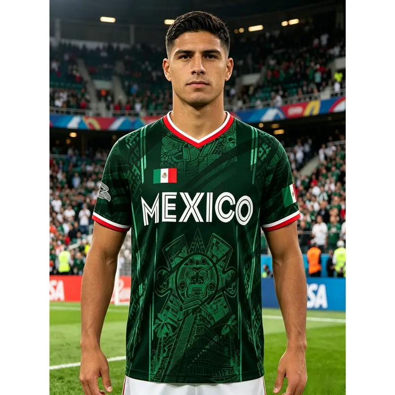 2026 Mexico Soccer Jersey, Chichén Itzá Pyramid Graphic Retro Soccer Jersey, All over Print, Casual Style for All Seasons, Classic Throwback Jersey Sportswear Top