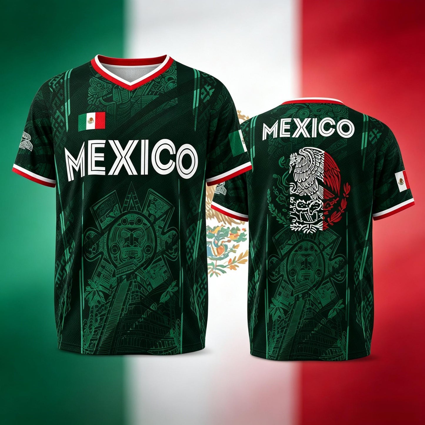 2026 Mexico Soccer Jersey, Chichén Itzá Pyramid Graphic Retro Soccer Jersey, All over Print, Casual Style for All Seasons, Classic Throwback Jersey Sportswear Top