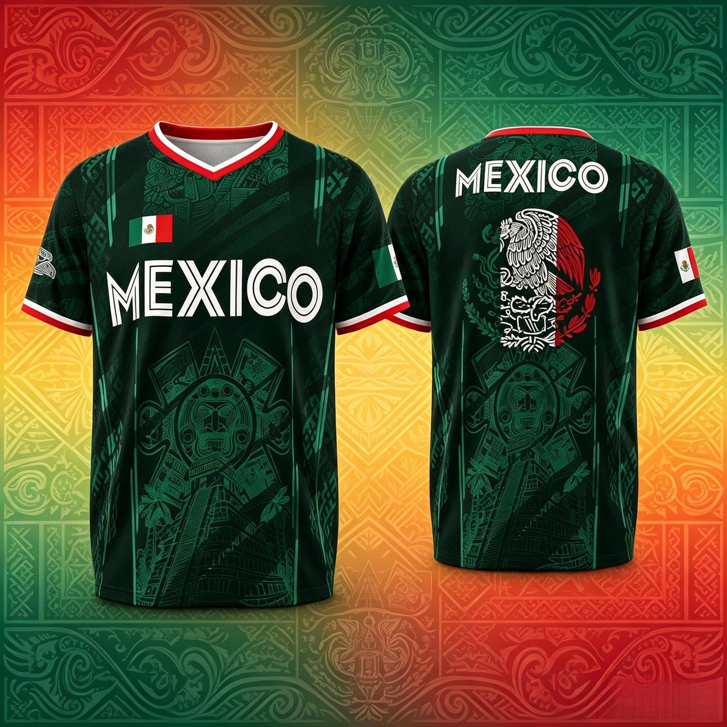 2026 Mexico Soccer Jersey, Chichén Itzá Pyramid Graphic Retro Soccer Jersey, All over Print, Casual Style for All Seasons, Classic Throwback Jersey Sportswear Top