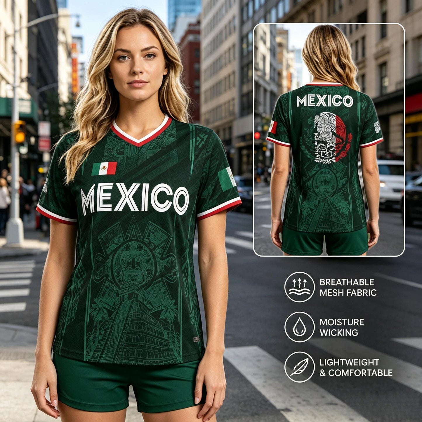 2026 Mexico Soccer Jersey, Chichén Itzá Pyramid Graphic Retro Soccer Jersey, All over Print, Casual Style for All Seasons, Classic Throwback Jersey Sportswear Top