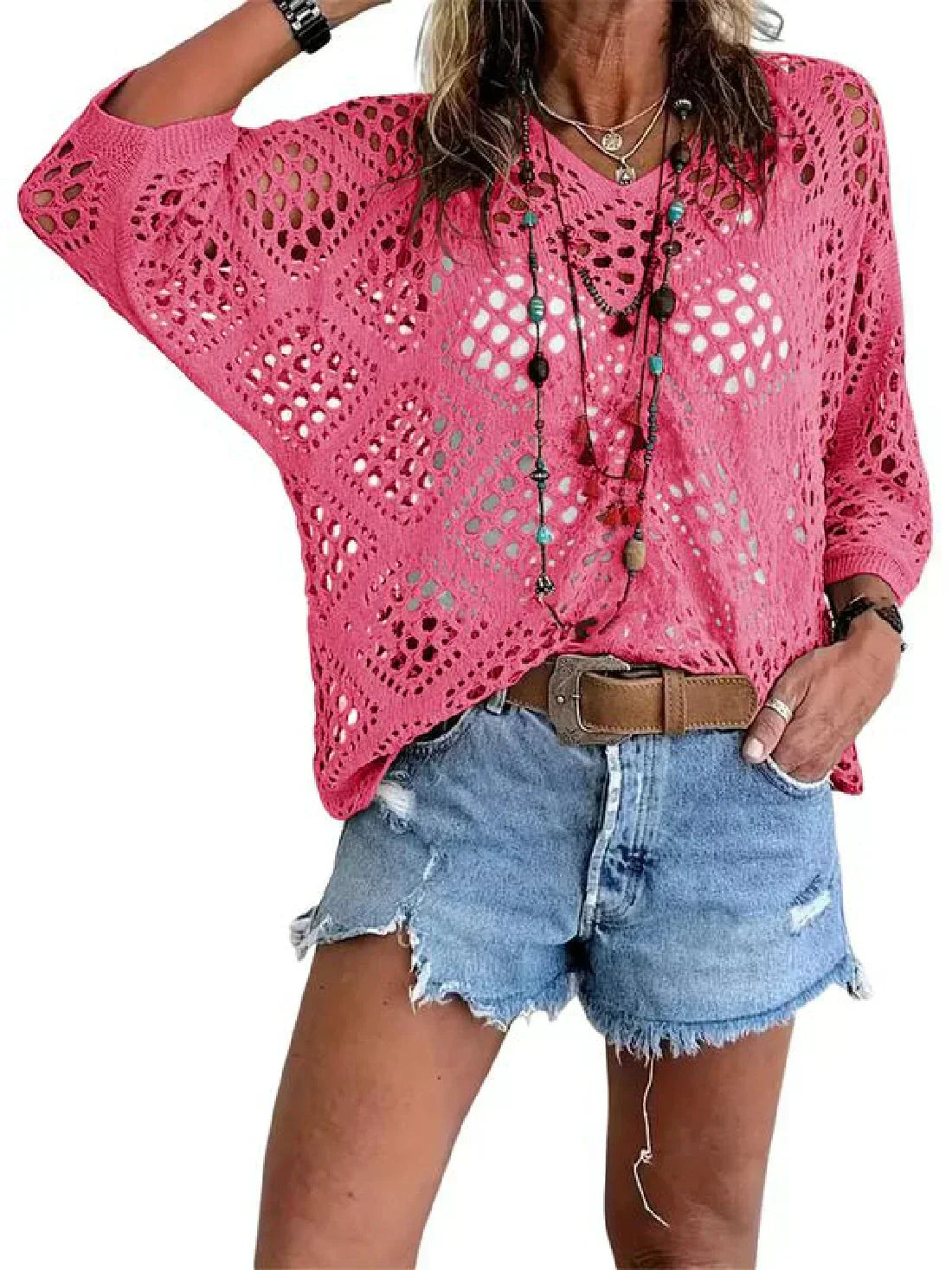 🔥💐SPRING DAY SALE - ONLY £14.99!!⚡50K+ SOLD!✨Womens Bohemian-Inspired Beige Crochet Top with V-Neck