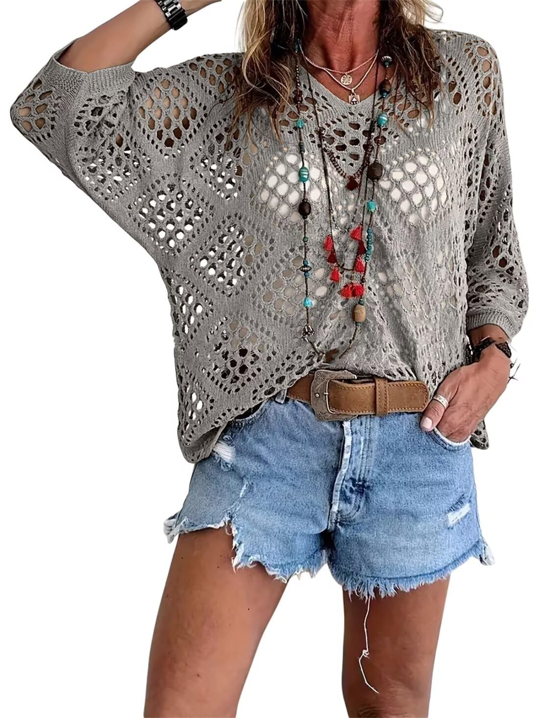 🔥💐SPRING DAY SALE - ONLY £14.99!!⚡50K+ SOLD!✨Womens Bohemian-Inspired Beige Crochet Top with V-Neck