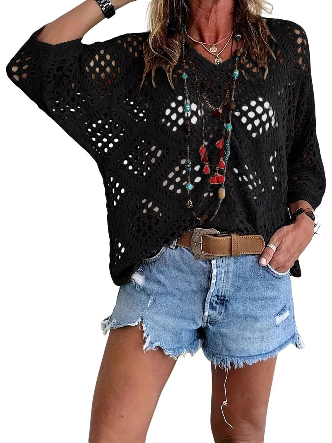 🔥💐SPRING DAY SALE - ONLY £14.99!!⚡50K+ SOLD!✨Womens Bohemian-Inspired Beige Crochet Top with V-Neck