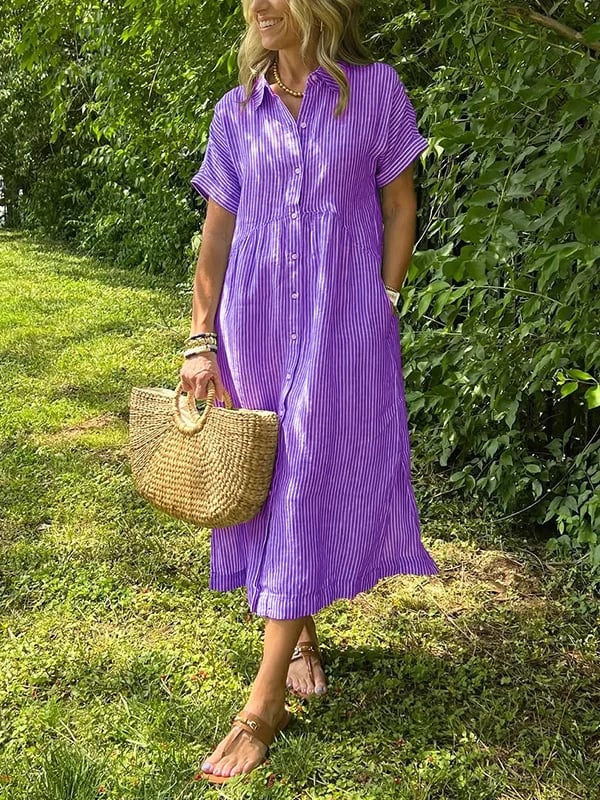 🔥LAST DAY SALE 50% OFF🔥Striped Lapel Button Down Shirt Dress | With Functional Pockets