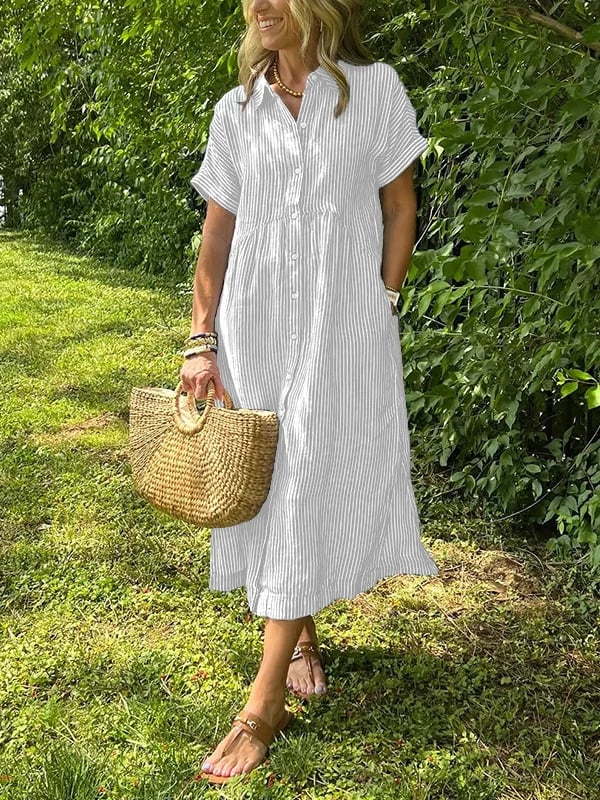 🔥LAST DAY SALE 50% OFF🔥Striped Lapel Button Down Shirt Dress | With Functional Pockets