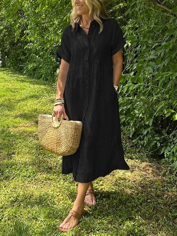 🔥LAST DAY SALE 50% OFF🔥Striped Lapel Button Down Shirt Dress | With Functional Pockets