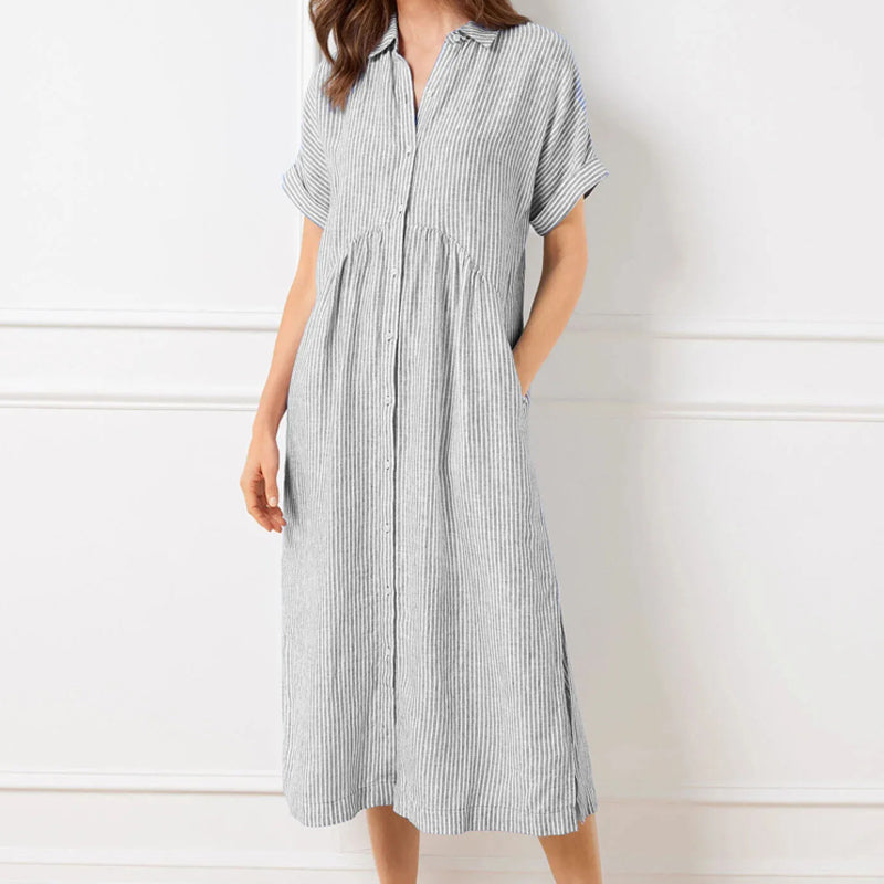 🔥LAST DAY SALE 50% OFF🔥Striped Lapel Button Down Shirt Dress | With Functional Pockets