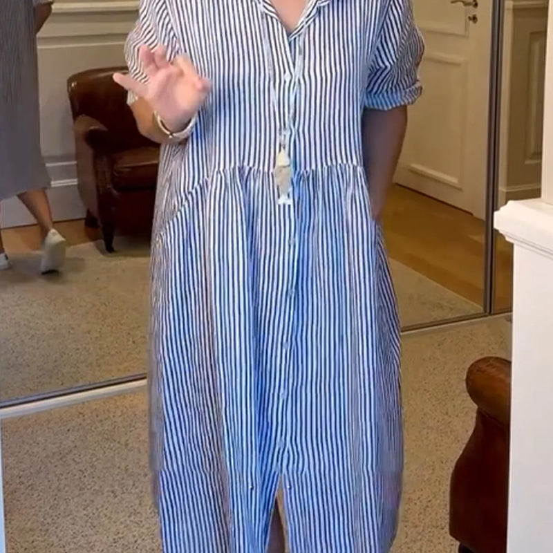 🔥LAST DAY SALE 50% OFF🔥Striped Lapel Button Down Shirt Dress | With Functional Pockets